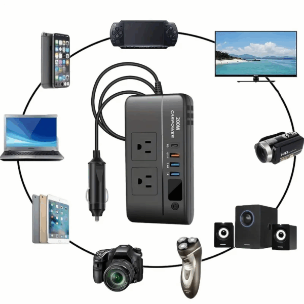 Inversor De Corriente Para Carro De 200w CARPOWER 2 Enchufes 110V 3 Puertos USB Indicador de Carga Inteligente