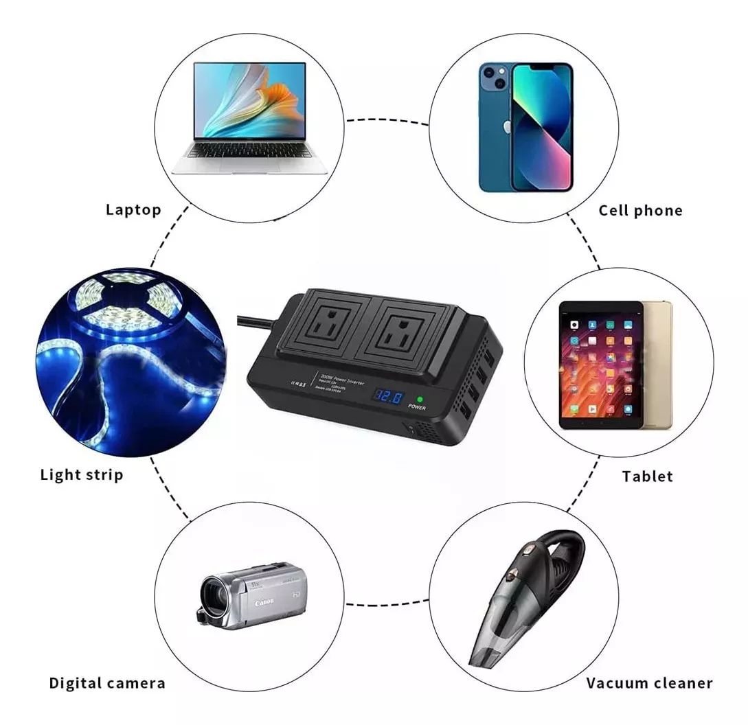 Inversor De Corriente Para Carro De 200w 110V 4 Puertos USB Indicador de Carga Inteligente modelo 8300 tienda gestos