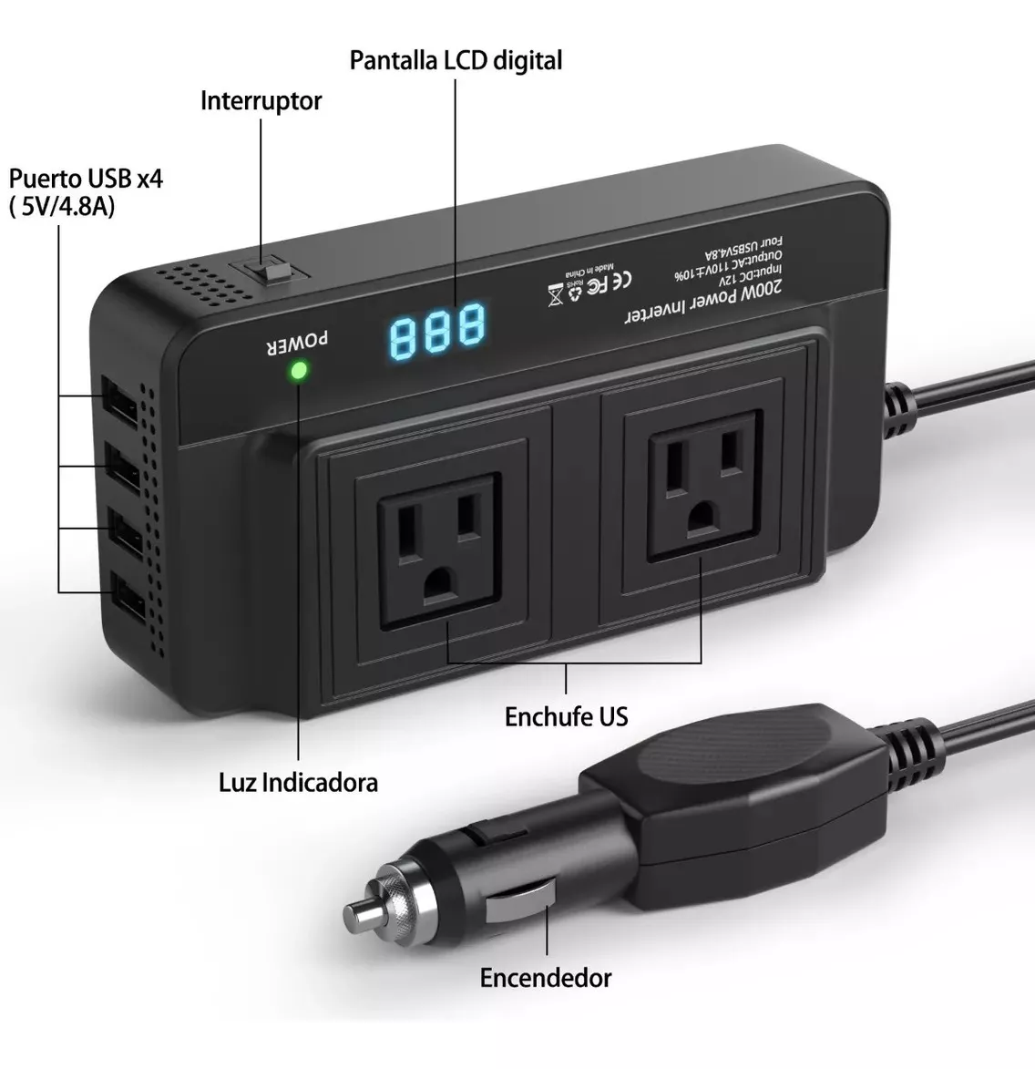 Inversor De Corriente Para Carro De 200w 110V 4 Puertos USB Indicador de Carga Inteligente modelo 8300 tienda gestos