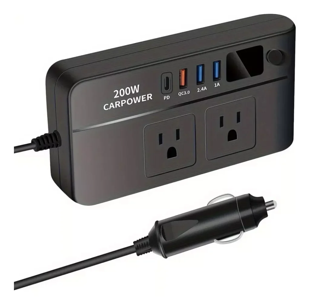 Información de Producto: Inversor De Corriente Para Carro De 200w CARPOWER 2 Enchufes 110V 3 Puertos USB Indicador de Carga Inteligente