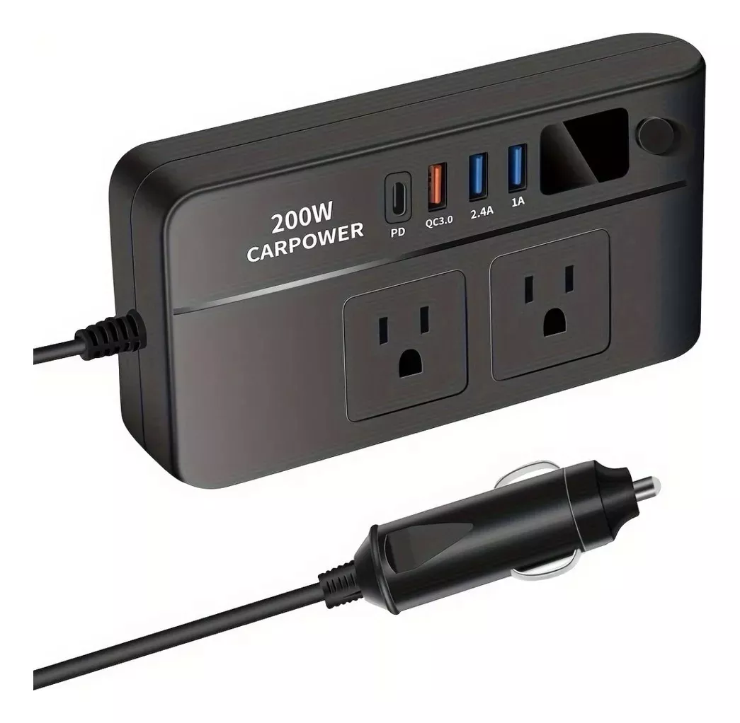 Inversor De Corriente Para Carro De 200w CARPOWER 2 Enchufes 110V 3 Puertos USB Indicador de Carga Inteligente tienda gestos
