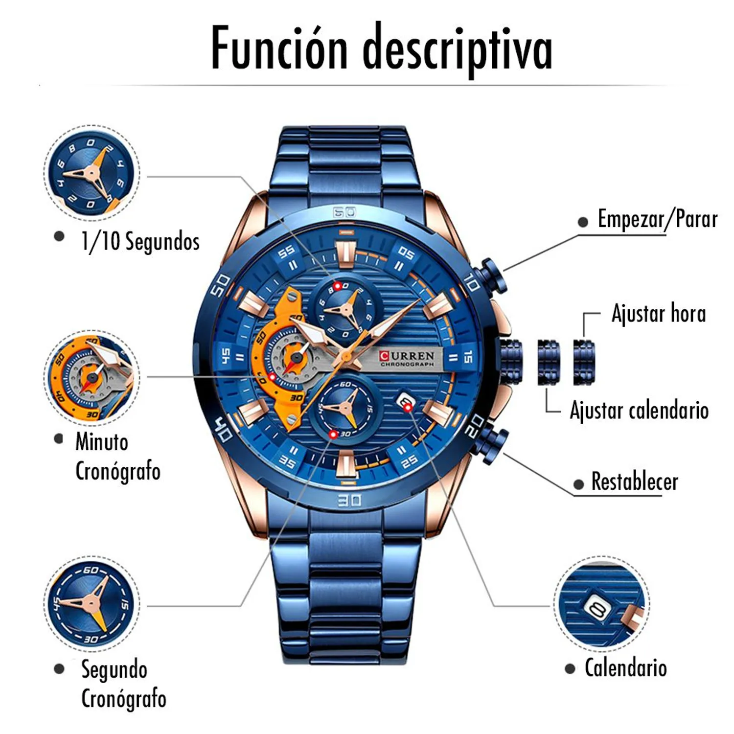 Reloj Curren 8402 Original Hombre azul Acero Inoxidable Elegancia Casual