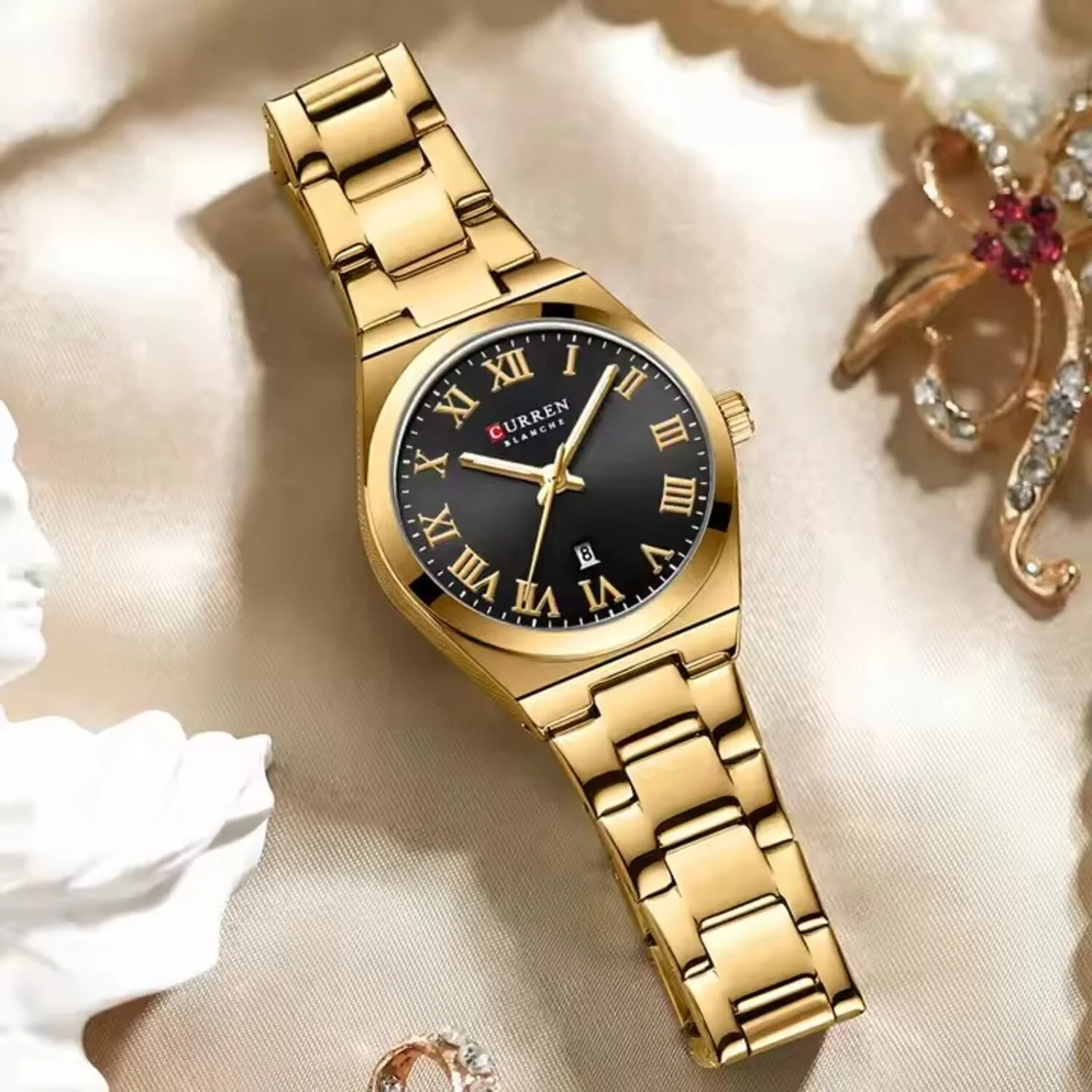 Reloj de dama Curren 9095 Negro-Dorado Original Elegancia Estilo Presencia Mujer tienda gestos en linea